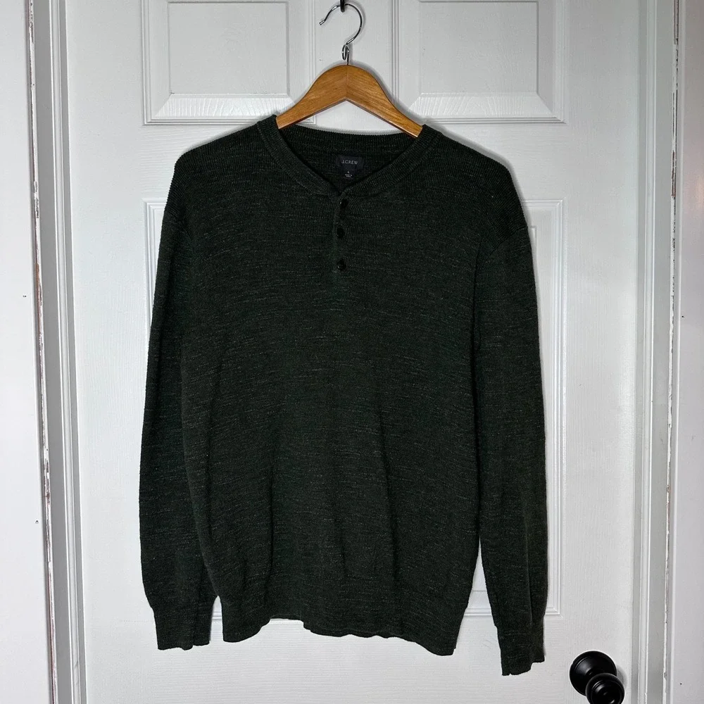 J Crew‎ Men's Dark Green Heathered Henley Sweater Long Sleeve Size L